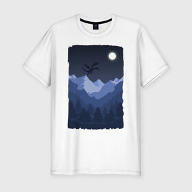 Мужская футболка премиум с принтом Ночной Дракон в Курске, 92% хлопок, 8% лайкра | приталенный силуэт, круглый вырез ворота, длина до линии бедра, короткий рукав | Тематика изображения на принте: горы | деревья | дракон | картина | лес | луна | ночь | рисунок