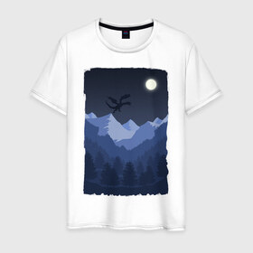 Мужская футболка хлопок с принтом Ночной Дракон в Курске, 100% хлопок | прямой крой, круглый вырез горловины, длина до линии бедер, слегка спущенное плечо. | горы | деревья | дракон | картина | лес | луна | ночь | рисунок