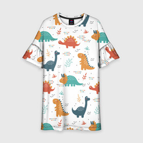 Детское платье 3D с принтом Милые динозавры в Курске, 100% полиэстер | прямой силуэт, чуть расширенный к низу. Круглая горловина, на рукавах — воланы | dinosaurs | динозавр | динозавры | животные | игрушки | мульт динозавры | мультяшки динозавры | тиранозавр