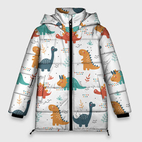 Женская зимняя куртка 3D с принтом Милые динозавры в Курске, верх — 100% полиэстер; подкладка — 100% полиэстер; утеплитель — 100% полиэстер | длина ниже бедра, силуэт Оверсайз. Есть воротник-стойка, отстегивающийся капюшон и ветрозащитная планка. 

Боковые карманы с листочкой на кнопках и внутренний карман на молнии | dinosaurs | динозавр | динозавры | животные | игрушки | мульт динозавры | мультяшки динозавры | тиранозавр