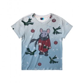 Детская футболка 3D с принтом Новогодняя мышь в Курске, 100% гипоаллергенный полиэфир | прямой крой, круглый вырез горловины, длина до линии бедер, чуть спущенное плечо, ткань немного тянется | Тематика изображения на принте: 