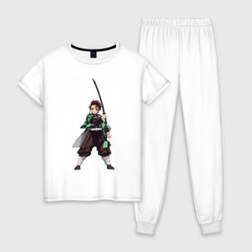 Женская пижама хлопок с принтом Tanjirou Kamado в Курске, 100% хлопок | брюки и футболка прямого кроя, без карманов, на брюках мягкая резинка на поясе и по низу штанин | demon | demon slaying corps | kamado | slayer | tanjirou | камадо | танджиро | тандзиро