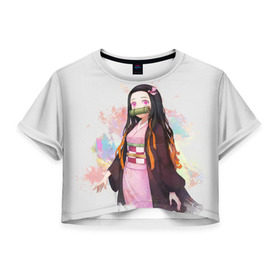 Женская футболка Cropp-top с принтом Nezuko Kamado в Курске, 100% полиэстер | круглая горловина, длина футболки до линии талии, рукава с отворотами | demon | kamado | nezuko | slayer | камадо | недзуко | незуко | нэдзуко | нэзуко