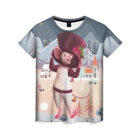 Женская футболка 3D с принтом Новогодняя крыса на катке в Курске, 100% полиэфир ( синтетическое хлопкоподобное полотно) | прямой крой, круглый вырез горловины, длина до линии бедер | 