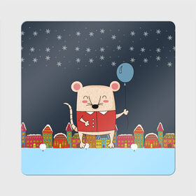 Магнит виниловый Квадрат с принтом Крысенок с шариком в Курске, полимерный материал с магнитным слоем | размер 9*9 см, закругленные углы | 2020 | mouse | rat | годкрысы | годмыши | зима | зимняя | крыса | мороз | мышка | мышь | новогодняя | новый год | новый год 2020 | рождество | симолгода | снег | холод