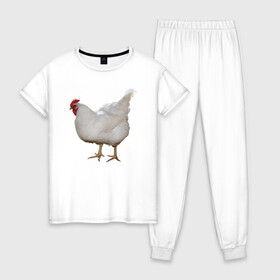 Женская пижама хлопок с принтом Белая курица в Курске, 100% хлопок | брюки и футболка прямого кроя, без карманов, на брюках мягкая резинка на поясе и по низу штанин | курица | петух | питух | птица | юмор