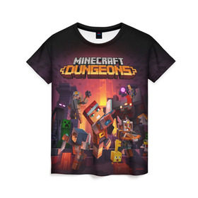 Женская футболка 3D с принтом Minecraft Dungeons в Курске, 100% полиэфир ( синтетическое хлопкоподобное полотно) | прямой крой, круглый вырез горловины, длина до линии бедер | dungeons | games | minecraft | mojang | игры | майнкрафт | подземелья | ремесло | шахтер