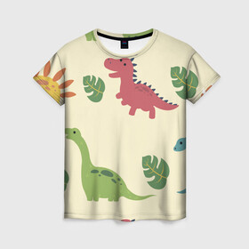 Женская футболка 3D с принтом Динозаврики в Курске, 100% полиэфир ( синтетическое хлопкоподобное полотно) | прямой крой, круглый вырез горловины, длина до линии бедер | dinosaurs | динозавр | динозавры | животные | игрушки | мульт динозавры | мультяшки динозавры | тиранозавр
