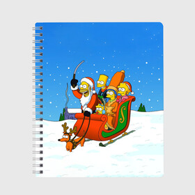 Тетрадь с принтом Simpsons New Year в Курске, 100% бумага | 48 листов, плотность листов — 60 г/м2, плотность картонной обложки — 250 г/м2. Листы скреплены сбоку удобной пружинной спиралью. Уголки страниц и обложки скругленные. Цвет линий — светло-серый
 | bart | christmas | family | homer | lisa | maggie | marge | new | santa | simpson | simpsons | snow | thesimpsons | xmas | year | барт | гомер | лиза | мардж | мегги | санта | семья | симпсоны