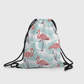 Рюкзак-мешок 3D с принтом Тропический арт в Курске, 100% полиэстер | плотность ткани — 200 г/м2, размер — 35 х 45 см; лямки — толстые шнурки, застежка на шнуровке, без карманов и подкладки | animal | bird | flamingo | pink | pnik flamingo | животные | птицы | розовый | розовый фламинго | фламинго