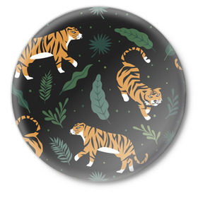 Значок с принтом Тропический тигр в Курске,  металл | круглая форма, металлическая застежка в виде булавки | Тематика изображения на принте: tiger | гепард | дикие кошки | животные | кот | кошки | пантера | тигр | тигры