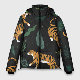 Мужская зимняя куртка 3D с принтом Тропический тигр в Курске, верх — 100% полиэстер; подкладка — 100% полиэстер; утеплитель — 100% полиэстер | длина ниже бедра, свободный силуэт Оверсайз. Есть воротник-стойка, отстегивающийся капюшон и ветрозащитная планка. 

Боковые карманы с листочкой на кнопках и внутренний карман на молнии. | Тематика изображения на принте: tiger | гепард | дикие кошки | животные | кот | кошки | пантера | тигр | тигры
