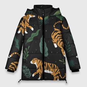 Женская зимняя куртка 3D с принтом Тропический тигр в Курске, верх — 100% полиэстер; подкладка — 100% полиэстер; утеплитель — 100% полиэстер | длина ниже бедра, силуэт Оверсайз. Есть воротник-стойка, отстегивающийся капюшон и ветрозащитная планка. 

Боковые карманы с листочкой на кнопках и внутренний карман на молнии | tiger | гепард | дикие кошки | животные | кот | кошки | пантера | тигр | тигры