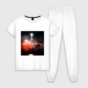 Женская пижама хлопок с принтом Elon Musk - SpaceX в Курске, 100% хлопок | брюки и футболка прямого кроя, без карманов, на брюках мягкая резинка на поясе и по низу штанин | 