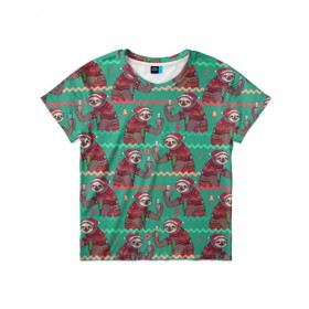 Детская футболка 3D с принтом Рождественские Ленивцы в Курске, 100% гипоаллергенный полиэфир | прямой крой, круглый вырез горловины, длина до линии бедер, чуть спущенное плечо, ткань немного тянется | Тематика изображения на принте: 