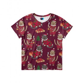 Детская футболка 3D с принтом Рождественские Коты в Курске, 100% гипоаллергенный полиэфир | прямой крой, круглый вырез горловины, длина до линии бедер, чуть спущенное плечо, ткань немного тянется | Тематика изображения на принте: 