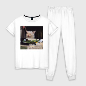 Женская пижама хлопок с принтом мемная картинка с котом в Курске, 100% хлопок | брюки и футболка прямого кроя, без карманов, на брюках мягкая резинка на поясе и по низу штанин | кот | котэ | кошка | мем | прикол | фотография