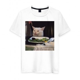 Мужская футболка хлопок с принтом мемная картинка с котом в Курске, 100% хлопок | прямой крой, круглый вырез горловины, длина до линии бедер, слегка спущенное плечо. | Тематика изображения на принте: кот | котэ | кошка | мем | прикол | фотография
