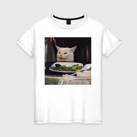 Женская футболка хлопок с принтом мемная картинка с котом в Курске, 100% хлопок | прямой крой, круглый вырез горловины, длина до линии бедер, слегка спущенное плечо | кот | котэ | кошка | мем | прикол | фотография