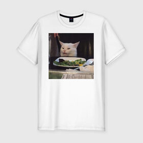 Мужская футболка премиум с принтом мемная картинка с котом в Курске, 92% хлопок, 8% лайкра | приталенный силуэт, круглый вырез ворота, длина до линии бедра, короткий рукав | кот | котэ | кошка | мем | прикол | фотография