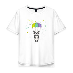 Мужская футболка хлопок Oversize с принтом Панда на парашюте в Курске, 100% хлопок | свободный крой, круглый ворот, “спинка” длиннее передней части | панда | панда на парашюте | рисунок | сердечки