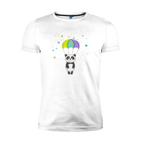 Мужская футболка премиум с принтом Панда на парашюте в Курске, 92% хлопок, 8% лайкра | приталенный силуэт, круглый вырез ворота, длина до линии бедра, короткий рукав | Тематика изображения на принте: панда | панда на парашюте | рисунок | сердечки
