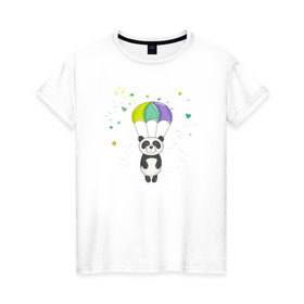 Женская футболка хлопок с принтом Панда на парашюте в Курске, 100% хлопок | прямой крой, круглый вырез горловины, длина до линии бедер, слегка спущенное плечо | панда | панда на парашюте | рисунок | сердечки