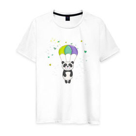 Мужская футболка хлопок с принтом Панда на парашюте в Курске, 100% хлопок | прямой крой, круглый вырез горловины, длина до линии бедер, слегка спущенное плечо. | панда | панда на парашюте | рисунок | сердечки