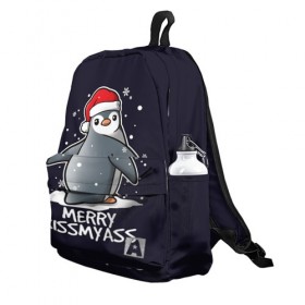 Рюкзак 3D с принтом Santa penguin в Курске, 100% полиэстер | лямки с регулируемой длиной, сверху петелька, чтобы рюкзак можно было повесить на вешалку. Основное отделение закрывается на молнию, как и внешний карман. Внутри два дополнительных кармана, один из которых закрывается на молнию. По бокам два дополнительных кармашка | Тематика изображения на принте: christmas | claus | jingle | merry | santa | елка | игрушки | клаус | клюв | колокольчик | новый год | олени | пингвин | подарок | праздник | рождество | санта | снег | снежинки | шапка