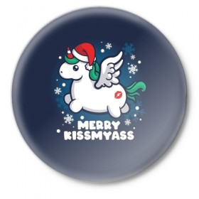 Значок с принтом Santa unicorn в Курске,  металл | круглая форма, металлическая застежка в виде булавки | Тематика изображения на принте: 