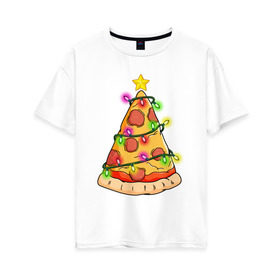 Женская футболка хлопок Oversize с принтом Новогодняя Пицца в Курске, 100% хлопок | свободный крой, круглый ворот, спущенный рукав, длина до линии бедер
 | 