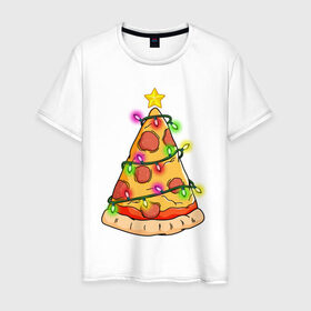 Мужская футболка хлопок с принтом Новогодняя Пицца в Курске, 100% хлопок | прямой крой, круглый вырез горловины, длина до линии бедер, слегка спущенное плечо. | Тематика изображения на принте: 