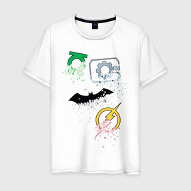 Мужская футболка хлопок с принтом Логотипы. Justice League в Курске, 100% хлопок | прямой крой, круглый вырез горловины, длина до линии бедер, слегка спущенное плечо. | Тематика изображения на принте: batman | cyborg | dc comics | green lantern | justice league | logo | shtatjl | superhero | the flash | бэтмен | зеленый фонарь | киборг | лига справедливости | флэш