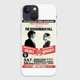 Чехол для iPhone 13 mini с принтом The reichenbach fall в Курске,  |  | Тематика изображения на принте: 221b | bbc | benedict cumberbatch | john watson | mark gatiss | martin freeman | sherlock holmes | steven moffat | бейкер | джон ватсон | мориарти | стрит | шерлок