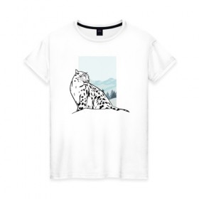 Женская футболка хлопок с принтом Снежный Леопард в Курске, 100% хлопок | прямой крой, круглый вырез горловины, длина до линии бедер, слегка спущенное плечо | leopard | snow | winter | зима | леопард | снег | снежный
