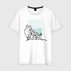 Мужская футболка хлопок с принтом Снежный Леопард в Курске, 100% хлопок | прямой крой, круглый вырез горловины, длина до линии бедер, слегка спущенное плечо. | Тематика изображения на принте: leopard | snow | winter | зима | леопард | снег | снежный