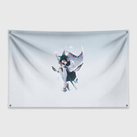 Флаг-баннер с принтом Shinobu Kochou в Курске, 100% полиэстер | размер 67 х 109 см, плотность ткани — 95 г/м2; по краям флага есть четыре люверса для крепления | blade of demon | demon slayer | kimetsu no yaiba | kochou | shinobu | клинок | кочо | рассекающий демонов | шинобу