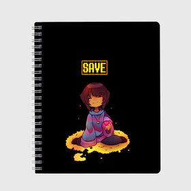 Тетрадь с принтом UNDERTALE FRISK в Курске, 100% бумага | 48 листов, плотность листов — 60 г/м2, плотность картонной обложки — 250 г/м2. Листы скреплены сбоку удобной пружинной спиралью. Уголки страниц и обложки скругленные. Цвет линий — светло-серый
 | chara | frisk | sans | undertale | андертале | андертейл | игра | подземная история | подземная сказка | санс | ундертале | фриск | чара