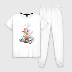 Женская пижама хлопок с принтом Книга в Курске, 100% хлопок | брюки и футболка прямого кроя, без карманов, на брюках мягкая резинка на поясе и по низу штанин | акварель | бабочки | книга | рисунок
