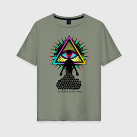 Женская футболка хлопок Oversize с принтом Neon alien.The all-seeing eye в Курске, 100% хлопок | свободный крой, круглый ворот, спущенный рукав, длина до линии бедер
 | Тематика изображения на принте: abstract | alien | beautiful | bright | eye | mason | neon | ufo