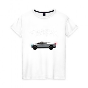 Женская футболка хлопок с принтом Tesla Cybertruck в Курске, 100% хлопок | прямой крой, круглый вырез горловины, длина до линии бедер, слегка спущенное плечо | car | cybertruck | elon musk | tesla | tesla cybertruck | кибертрак | тесла | тесла кибертрак