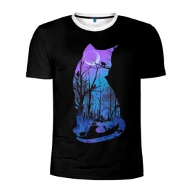 Мужская футболка 3D спортивная с принтом Кошка в Курске, 100% полиэстер с улучшенными характеристиками | приталенный силуэт, круглая горловина, широкие плечи, сужается к линии бедра | Тематика изображения на принте: cat | дерево | кошка | лес | луна