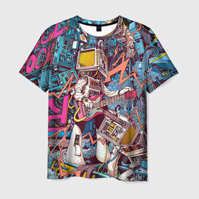 Мужская футболка 3D с принтом Space Hardrock Machine в Курске, 100% полиэфир | прямой крой, круглый вырез горловины, длина до линии бедер | rock | гитара | космонавт | космос | музыка | робот | рок | хард рок | электроника | электронная музыка