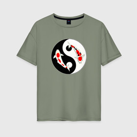 Женская футболка хлопок Oversize с принтом Карп Кои (Ин-Янь) в Курске, 100% хлопок | свободный крой, круглый ворот, спущенный рукав, длина до линии бедер
 | инь янь | карп | карп кои | рисунок | рыба | япония