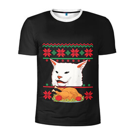 Мужская футболка 3D спортивная с принтом Woman Yelling at Cat в Курске, 100% полиэстер с улучшенными характеристиками | приталенный силуэт, круглая горловина, широкие плечи, сужается к линии бедра | Тематика изображения на принте: cat | cats | christmas | mem | meme | memes | new year | xmas | вязаный | женщина | кот | кричит | мем | мемы | на кота | новый год | рождество | свитер
