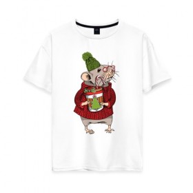 Женская футболка хлопок Oversize с принтом Милая новогодняя мышка с кофе в Курске, 100% хлопок | свободный крой, круглый ворот, спущенный рукав, длина до линии бедер
 | 