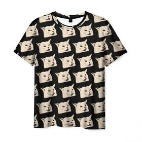 Мужская футболка 3D с принтом woman yelling at cat в Курске, 100% полиэфир | прямой крой, круглый вырез горловины, длина до линии бедер | Тематика изображения на принте: mem | woman yelling at cat | женщина кричит на кота | мем