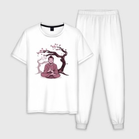 Мужская пижама хлопок с принтом Будда Сакура в Курске, 100% хлопок | брюки и футболка прямого кроя, без карманов, на брюках мягкая резинка на поясе и по низу штанин
 | buddha | medidate | medidation | sakura | yoga | буда | будда | йога | медитация | сакура | япония