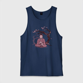Мужская майка хлопок с принтом Будда Сакура в Курске, 100% хлопок |  | buddha | medidate | medidation | sakura | yoga | буда | будда | йога | медитация | сакура | япония