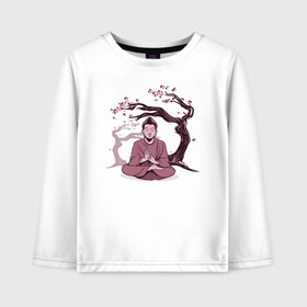 Детский лонгслив хлопок с принтом Будда Сакура в Курске, 100% хлопок | круглый вырез горловины, полуприлегающий силуэт, длина до линии бедер | buddha | medidate | medidation | sakura | yoga | буда | будда | йога | медитация | сакура | япония